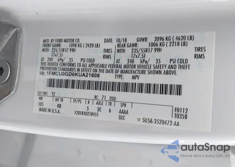 2019 Ford Escape Se z USA, uszkodzony, nr VIN 1FMCU0GD6KUA21808